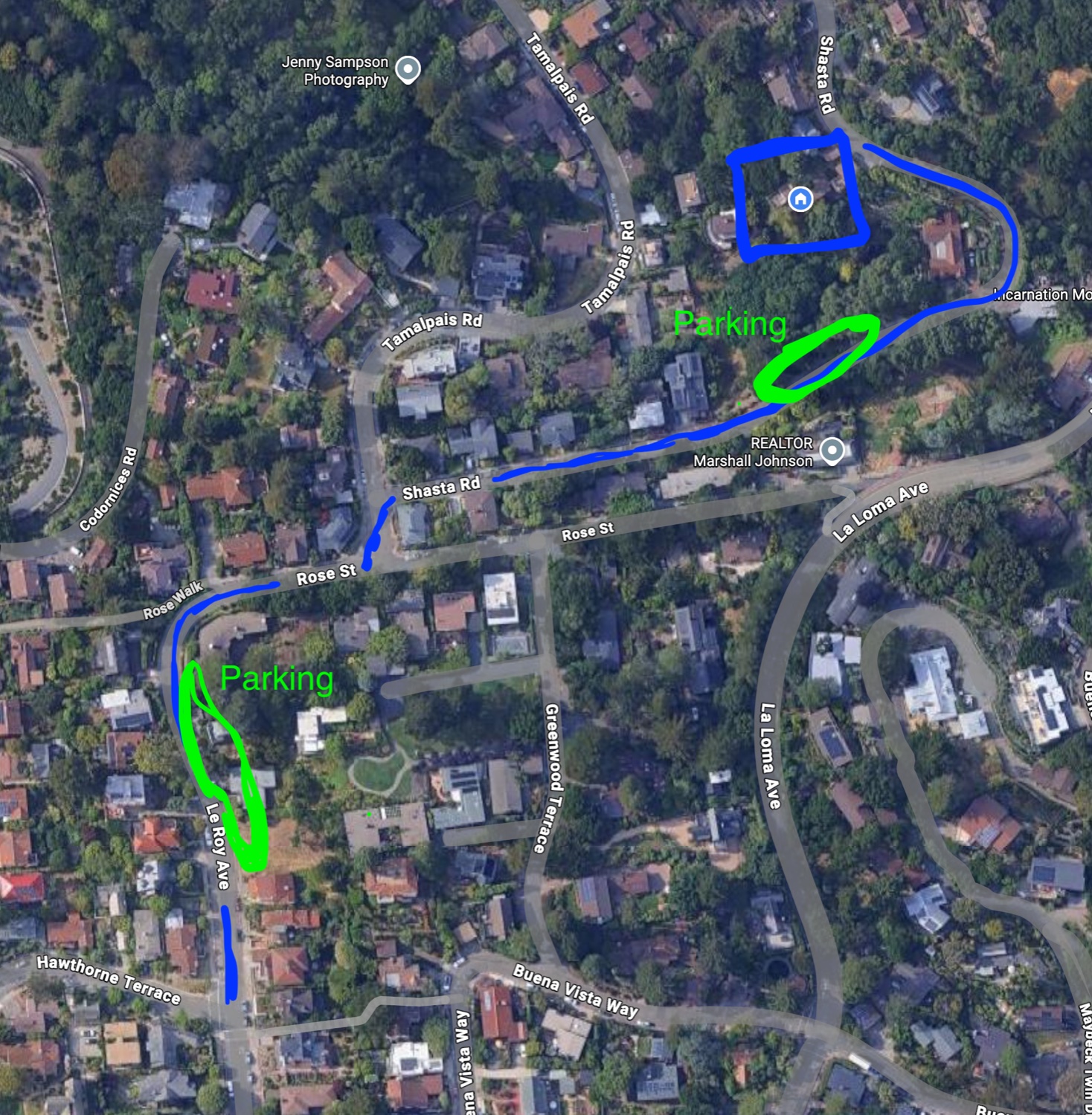 map showing the route to oppie.house with parking areas marked